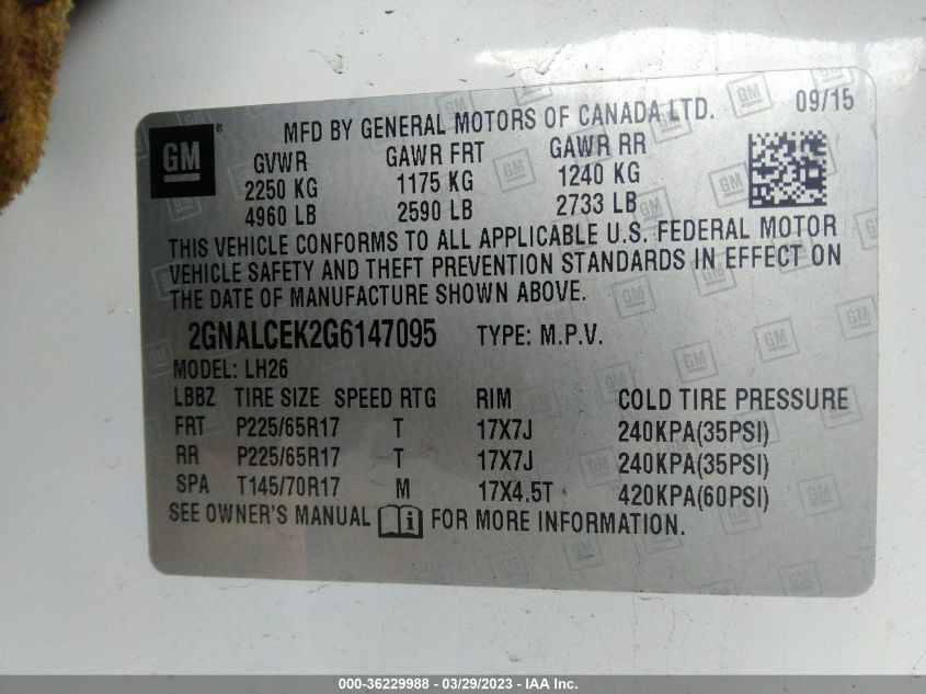 2016 CHEVROLET EQUINOX LT - 2GNALCEK2G6147095