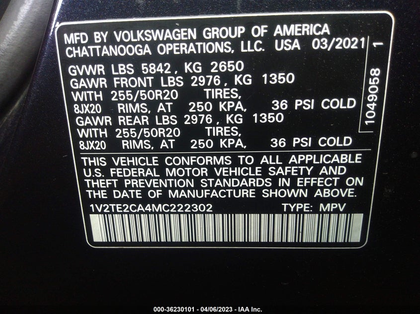VIN 1V2TE2CA4MC222302 2021 VOLKSWAGEN ATLAS CROSS SPORT 3.6L V6 SEL PREMIUM