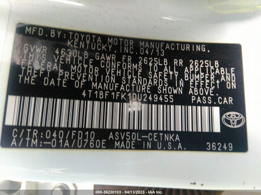 2013 TOYOTA CAMRY L/LE/SE/XLE - 4T1BF1FK1DU249455