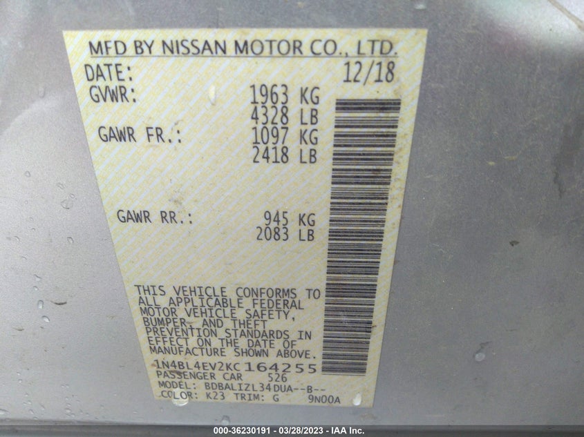 VIN 1N4BL4EV2KC164255 2019 NISSAN ALTIMA 2.5 SL
