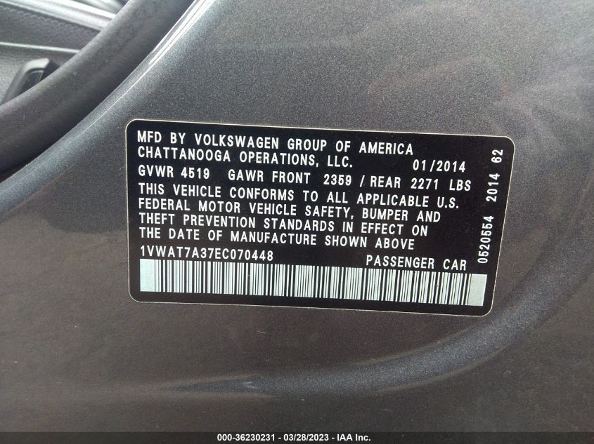 2014 VOLKSWAGEN PASSAT WOLFSBURG ED - 1VWAT7A37EC070448