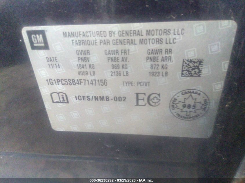 2015 CHEVROLET CRUZE LT - 1G1PC5SB4F7147156