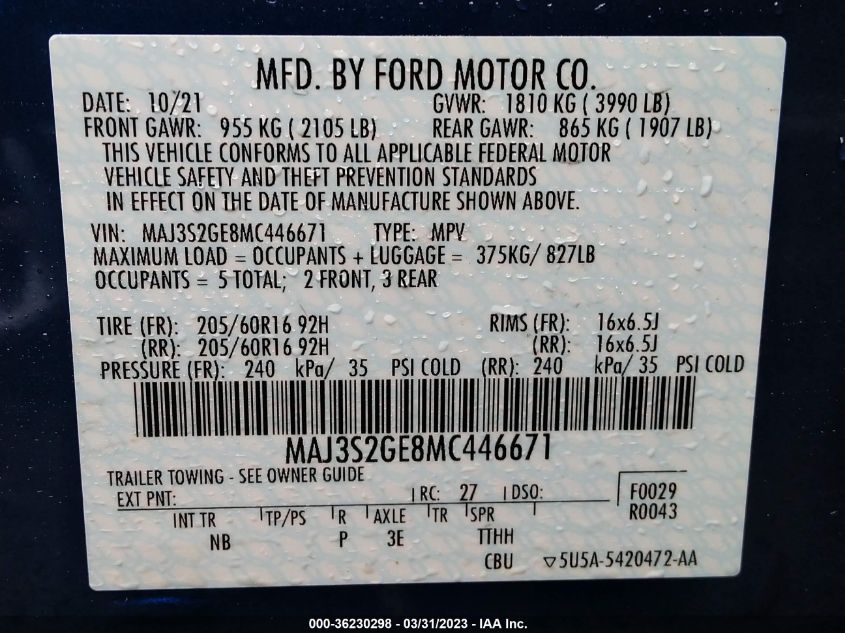 2021 FORD ECOSPORT SE - MAJ3S2GE8MC446671