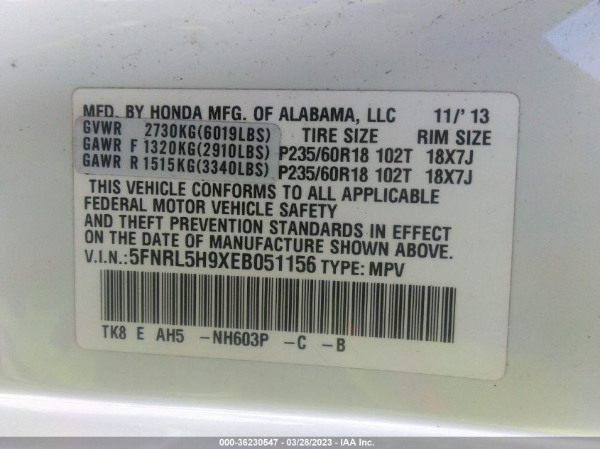 2014 HONDA ODYSSEY TOURING - 5FNRL5H9XEB051156