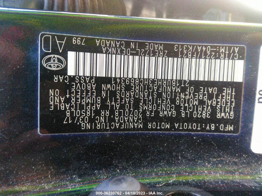 2017 TOYOTA COROLLA L/LE/XLE/SE - 2T1BURHE3HC869341
