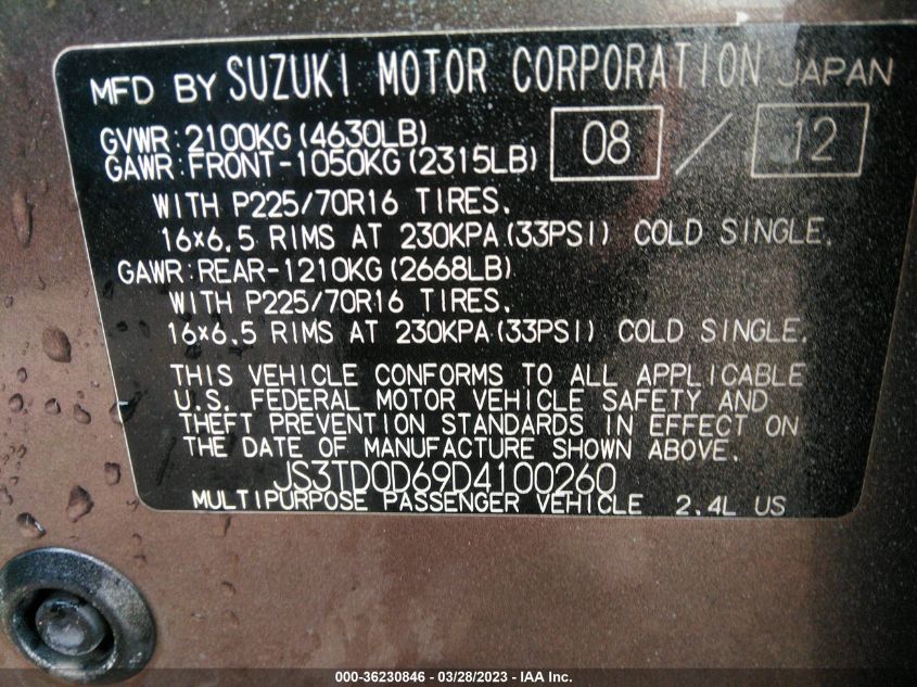 2013 SUZUKI GRAND VITARA PREMIUM - JS3TD0D69D4100260