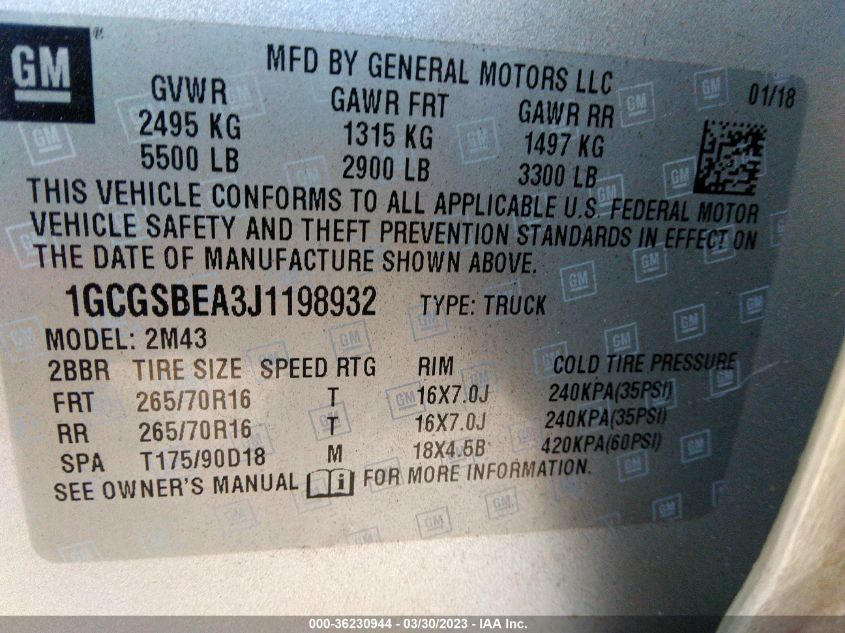 2018 CHEVROLET COLORADO 2WD WORK TRUCK - 1GCGSBEA3J1198932
