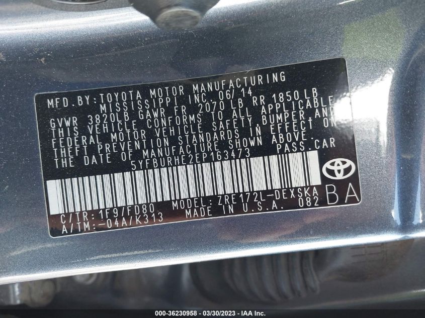 2014 TOYOTA COROLLA L/LE/S/S PLUS/LE PLUS - 5YFBURHE2EP163473