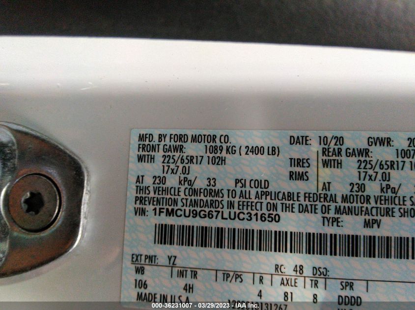 2020 FORD ESCAPE SE - 1FMCU9G67LUC31650
