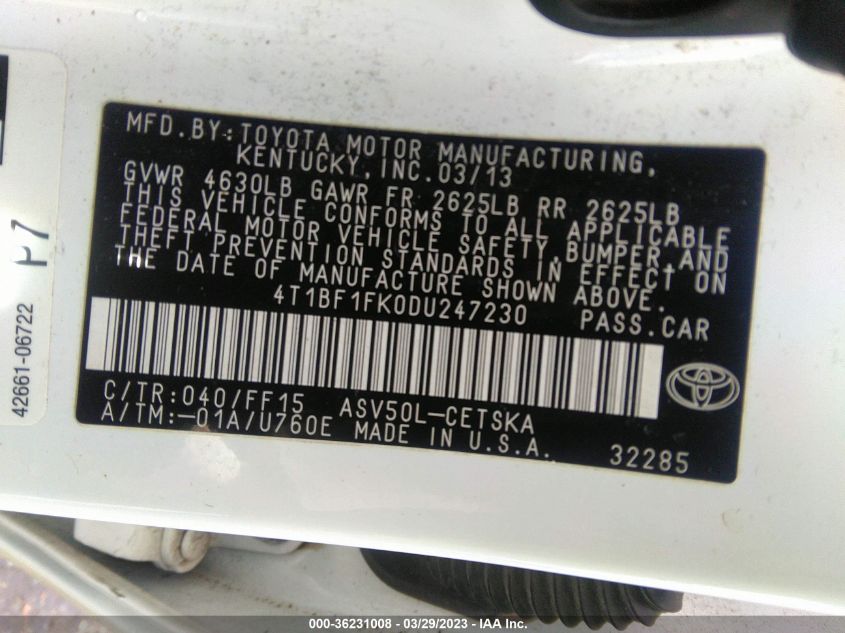 2013 TOYOTA CAMRY L/LE/SE/XLE - 4T1BF1FK0DU247230
