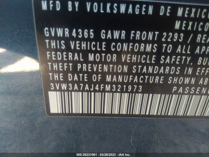 2015 VOLKSWAGEN JETTA SEDAN 2.0L TDI S - 3VW3A7AJ4FM321973