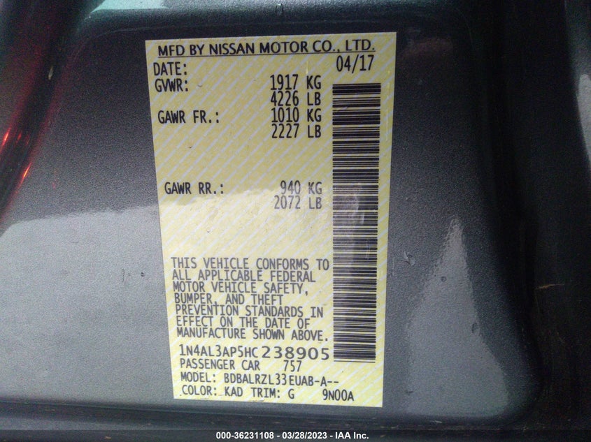 VIN 1N4AL3AP5HC238905 2017 NISSAN ALTIMA 2.5 SL