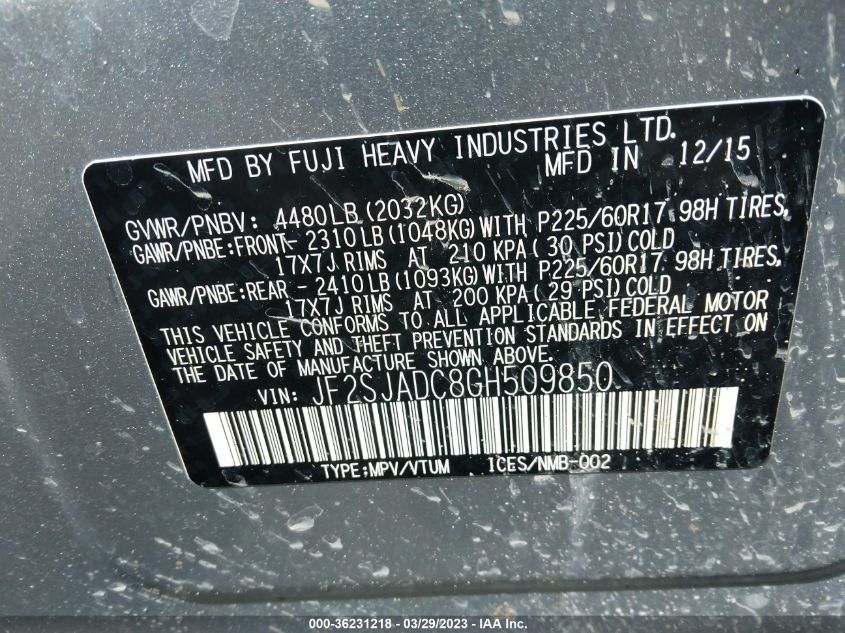 2016 SUBARU FORESTER 2.5I PREMIUM - JF2SJADC8GH509850