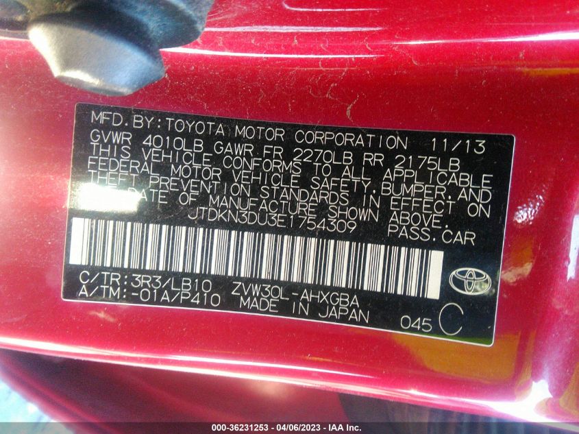 2014 TOYOTA PRIUS FOUR/FIVE/THREE/ONE/TWO - JTDKN3DU3E1754309