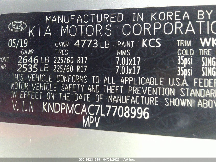 VIN KNDPMCAC7L7708996 2020 KIA SPORTAGE LX