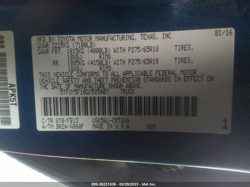 2016 TOYOTA TUNDRA 4WD TRUCK SR/SR5/TRD PRO - 5TFUY5F10GX525407