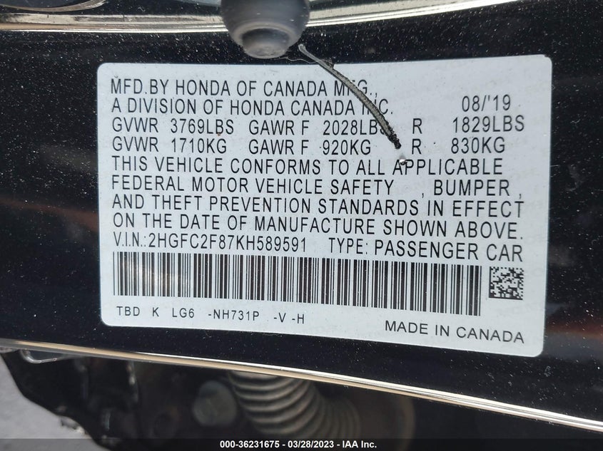 VIN 2HGFC2F87KH589591 2019 HONDA CIVIC SEDAN SPORT