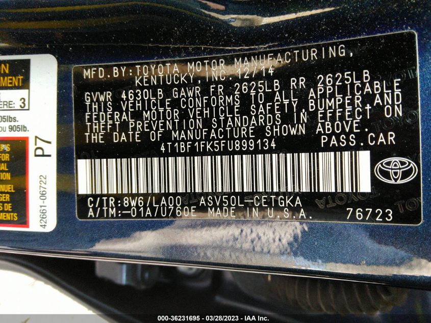 2015 TOYOTA CAMRY XLE/SE/LE/XSE - 4T1BF1FK5FU899134