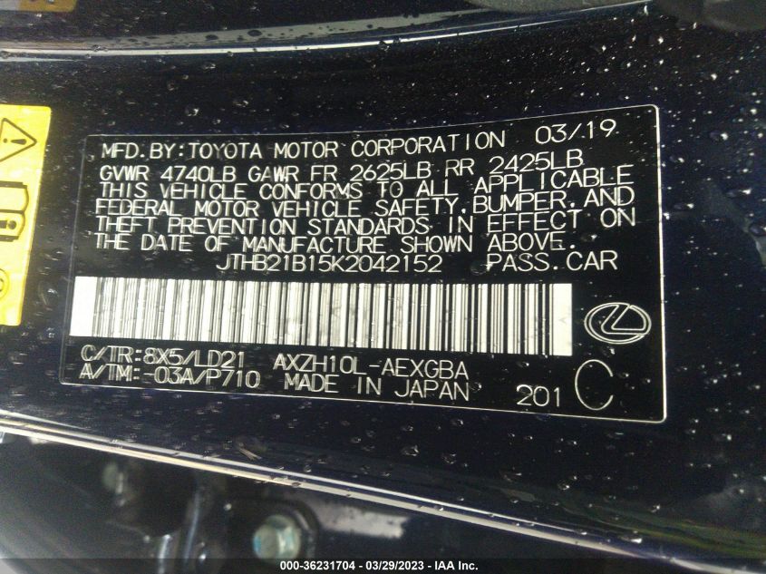 2019 LEXUS ES ES 300H - JTHB21B15K2042152