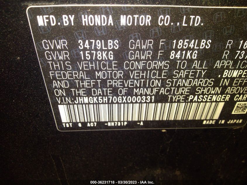 2016 HONDA FIT EX - JHMGK5H70GX000331