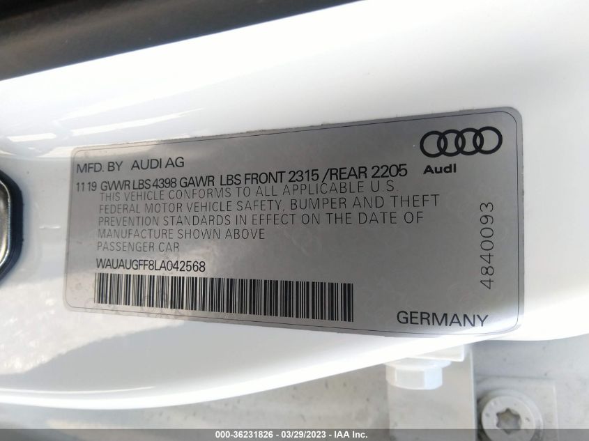 2020 AUDI A3 SEDAN PREMIUM - WAUAUGFF8LA042568