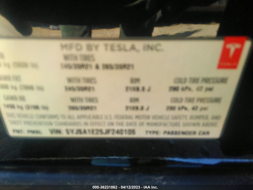 2018 TESLA MODEL S 75D/100D/P100D - 5YJSA1E25JF240105
