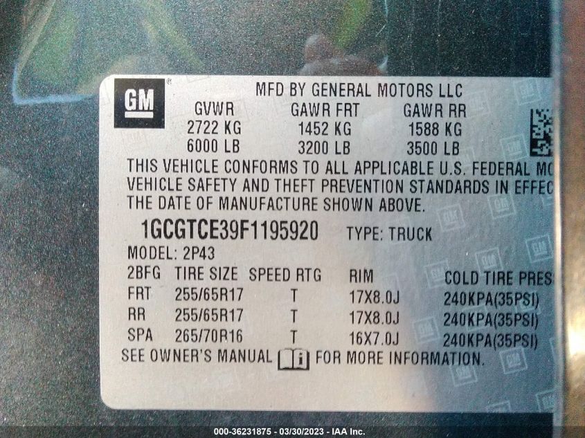 2015 CHEVROLET COLORADO 4WD Z71 - 1GCGTCE39F1195920