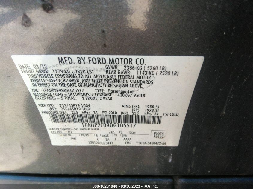 2013 FORD TAURUS LIMITED - 1FAHP2F89DG105517