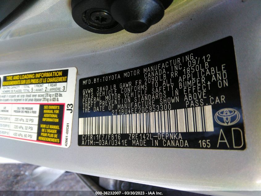 2013 TOYOTA COROLLA L/LE/S - 2T1BU4EE2DC953300