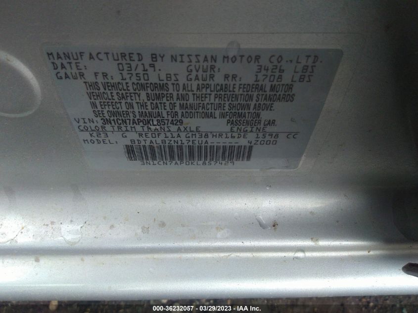 2019 NISSAN VERSA SEDAN SV - 3N1CN7AP0KL857429
