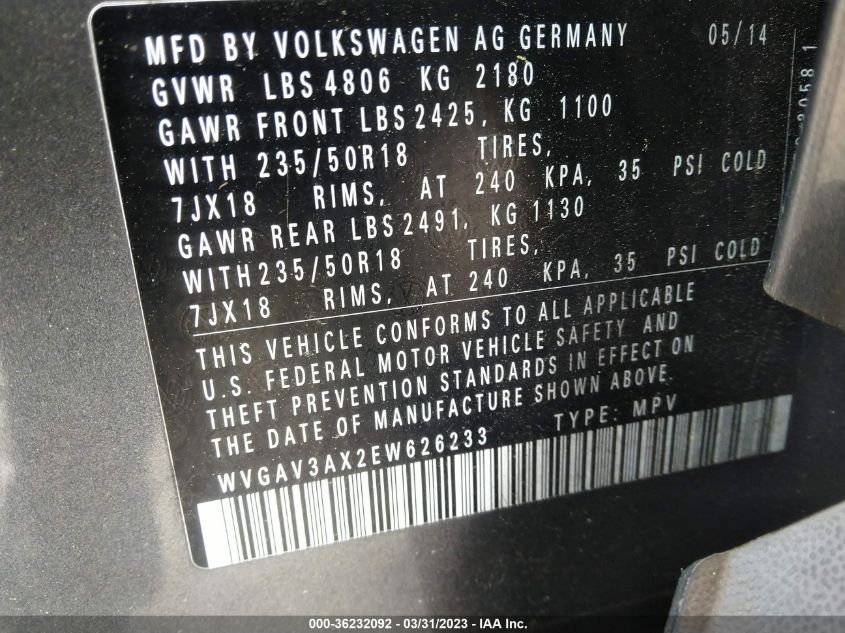 2014 VOLKSWAGEN TIGUAN SE - WVGAV3AX2EW626233