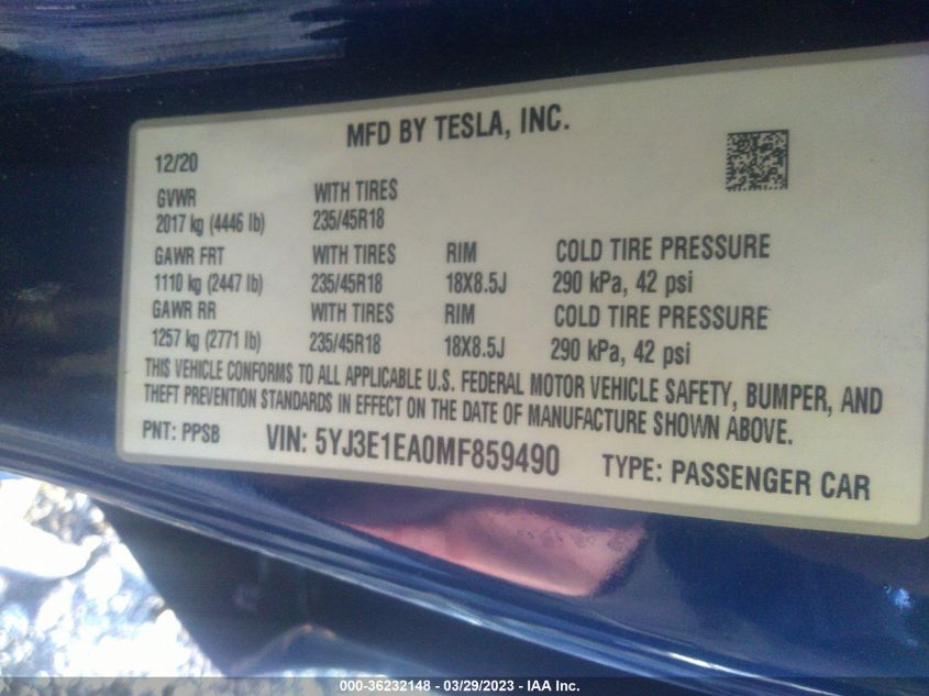 2021 TESLA MODEL 3 STANDARD RANGE PLUS - 5YJ3E1EA0MF859490