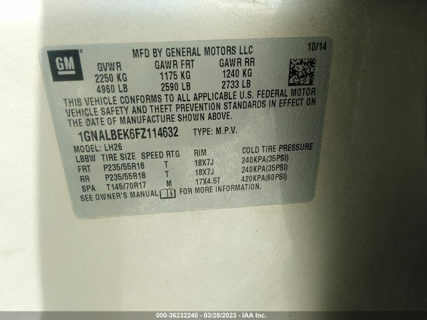 2015 CHEVROLET EQUINOX LT - 1GNALBEK6FZ114632