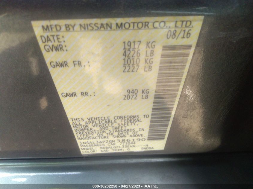 2016 NISSAN ALTIMA 2.5 S - 1N4AL3AP2GN386190