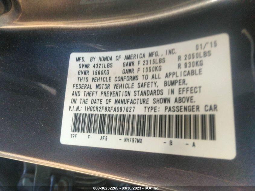 2015 HONDA ACCORD SEDAN EX-L - 1HGCR2F8XFA097627