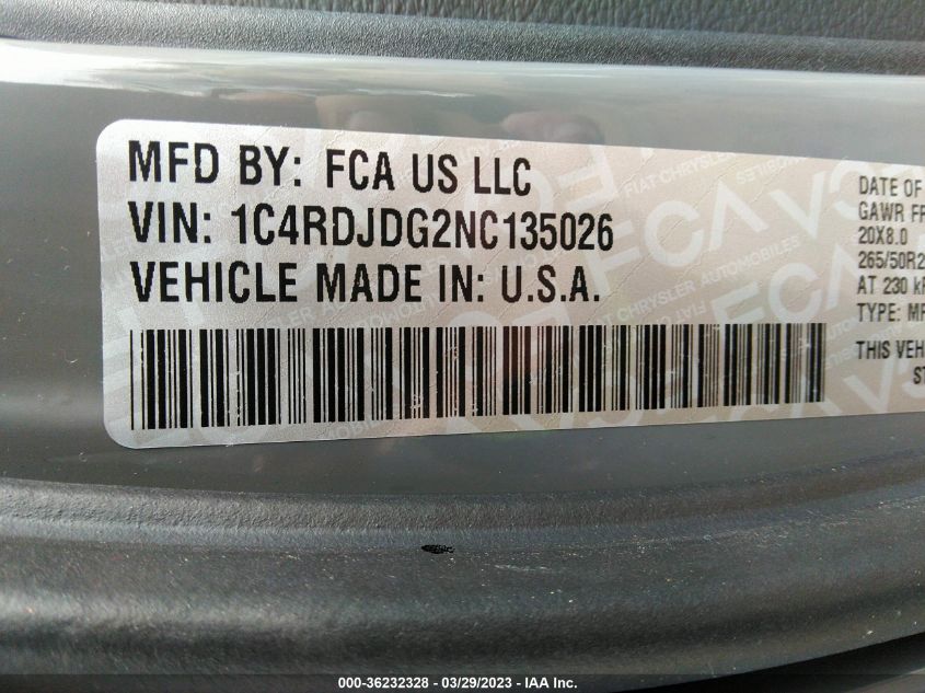 2022 DODGE DURANGO GT PLUS - 1C4RDJDG2NC135026