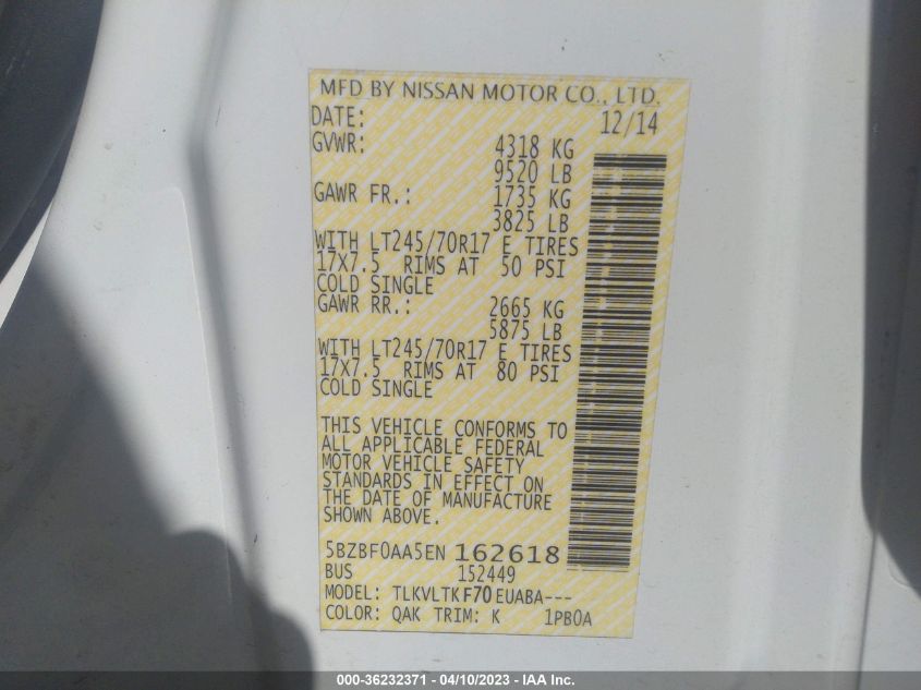 2014 NISSAN NVP SV 5BZBF0AA5EN162618