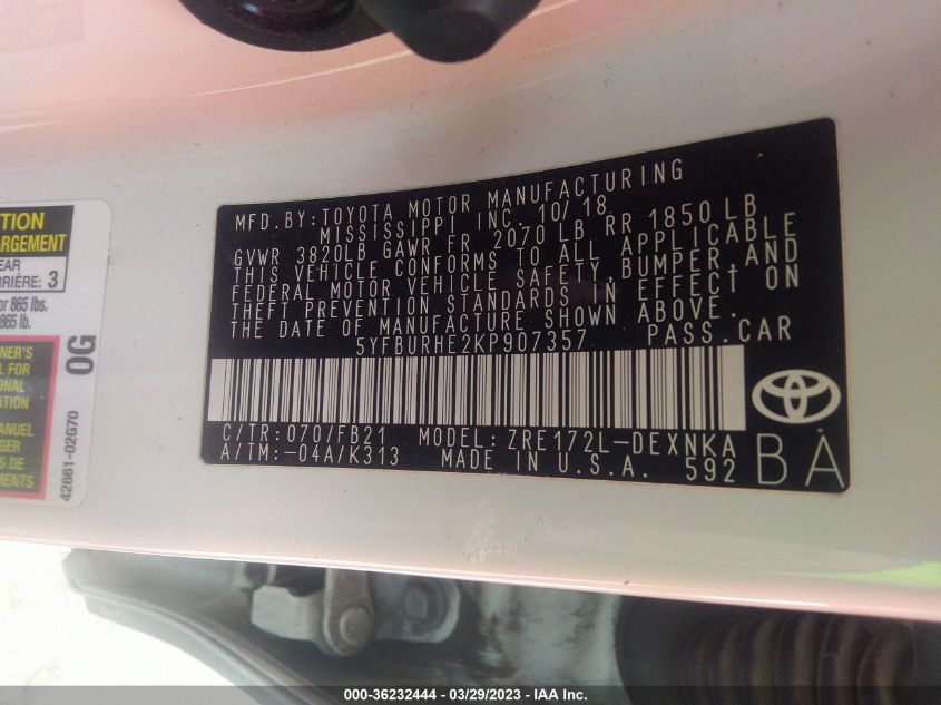2019 TOYOTA COROLLA L/LE/SE/XLE/XSE - 5YFBURHE2KP907357