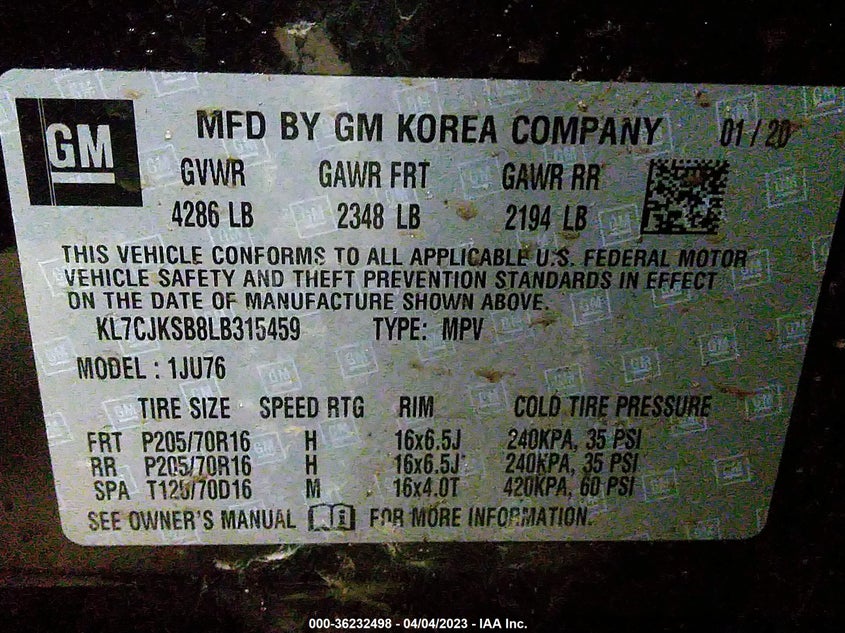 VIN KL7CJKSB8LB315459 2020 CHEVROLET TRAX LS