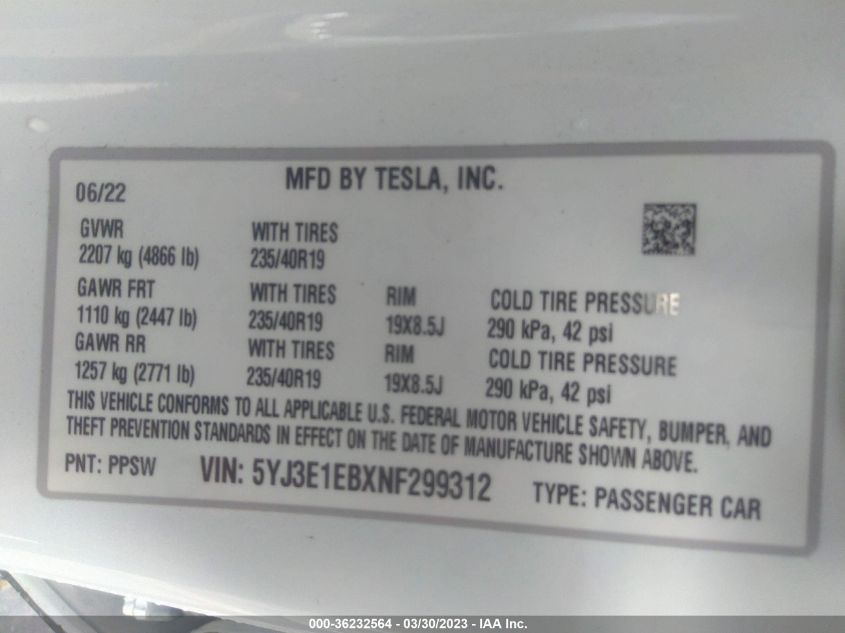2022 TESLA MODEL 3 LONG RANGE - 5YJ3E1EBXNF299312