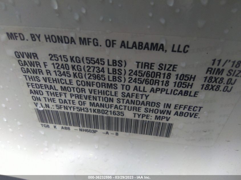 2019 HONDA PILOT EX - 5FNYF5H31KB021635