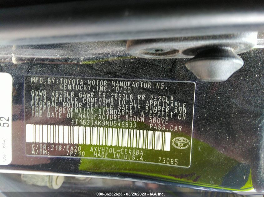 2021 TOYOTA CAMRY HYBRID SE - 4T1G31AK9MU549833