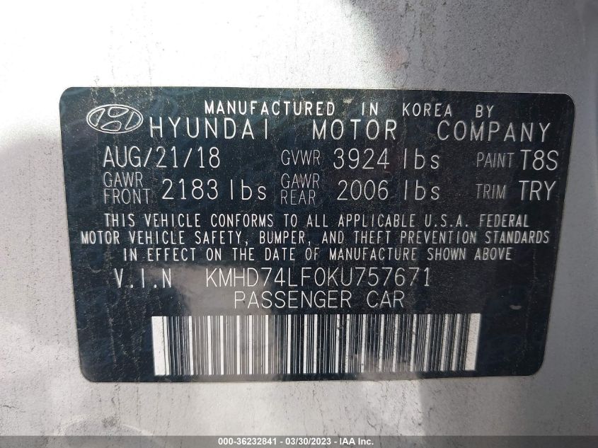 2019 HYUNDAI ELANTRA SE - KMHD74LF0KU757671