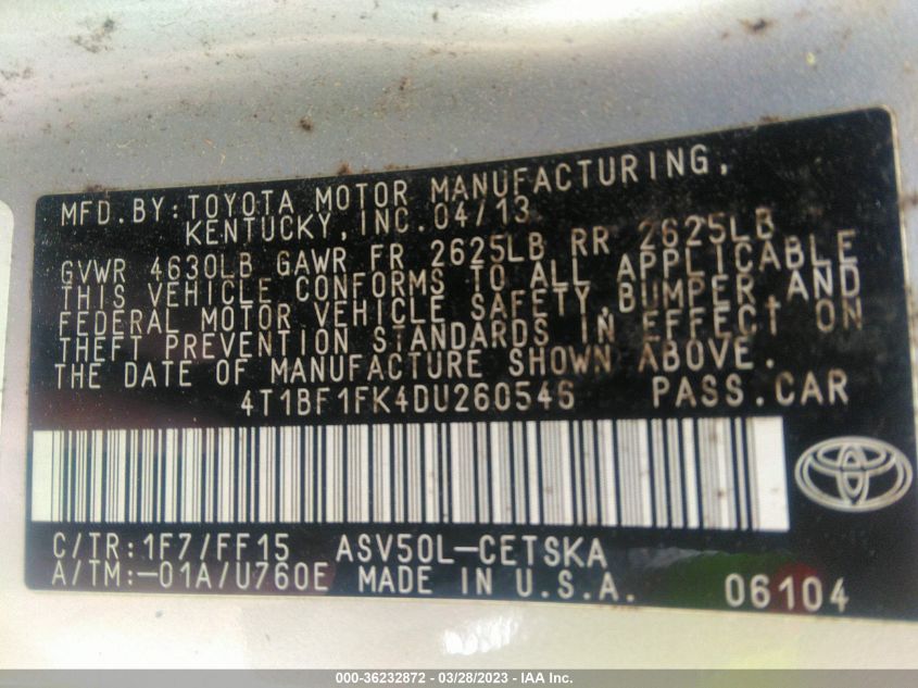 2013 TOYOTA CAMRY L/LE/SE/XLE - 4T1BF1FK4DU260546