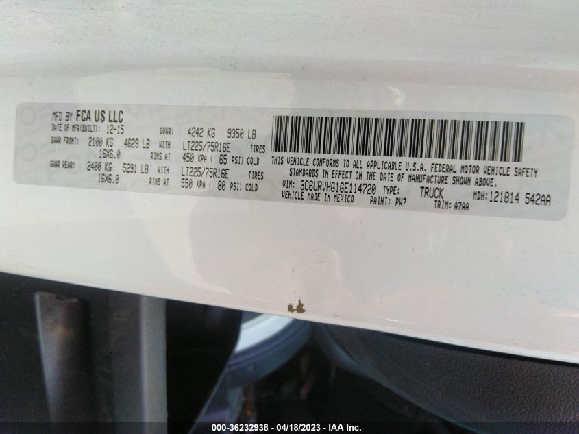 2016 RAM PROMASTER CARGO VAN - 3C6URVHG1GE114720
