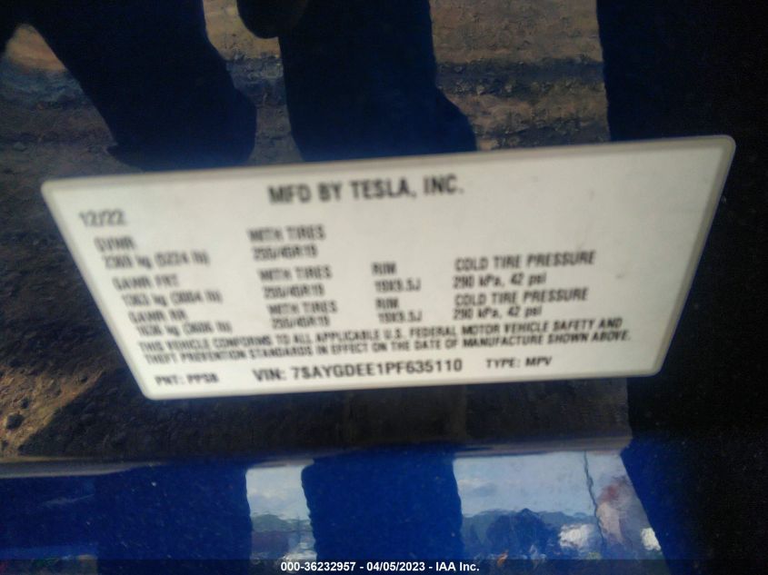 2023 TESLA MODEL Y LONG RANGE - 7SAYGDEE1PF635110