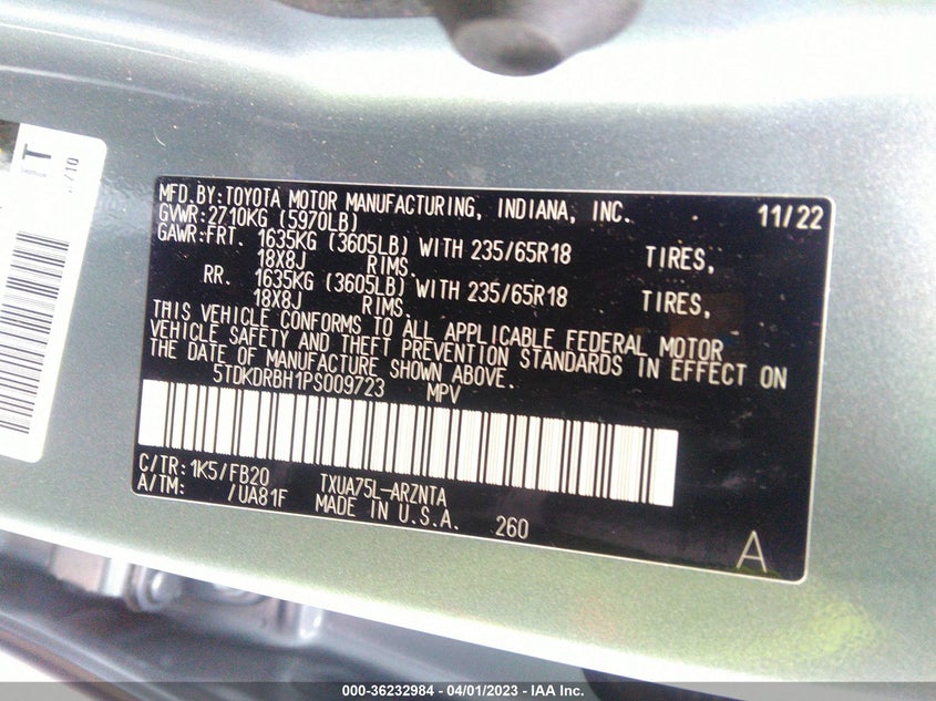 VIN 5TDKDRBH1PS009723 2023 TOYOTA HIGHLANDER L/LE/XLE/XSE/LIMITED