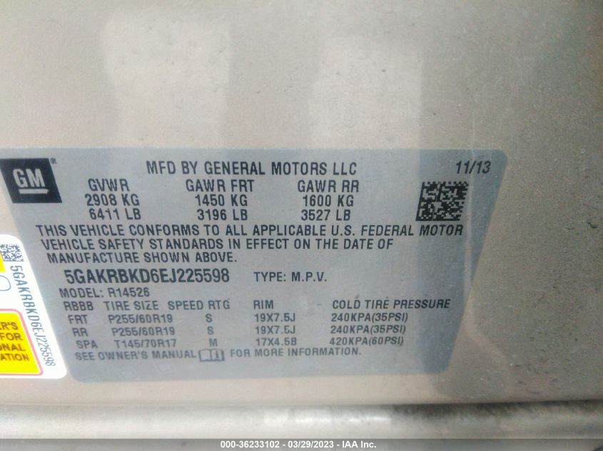 2014 BUICK ENCLAVE LEATHER - 5GAKRBKD6EJ225598