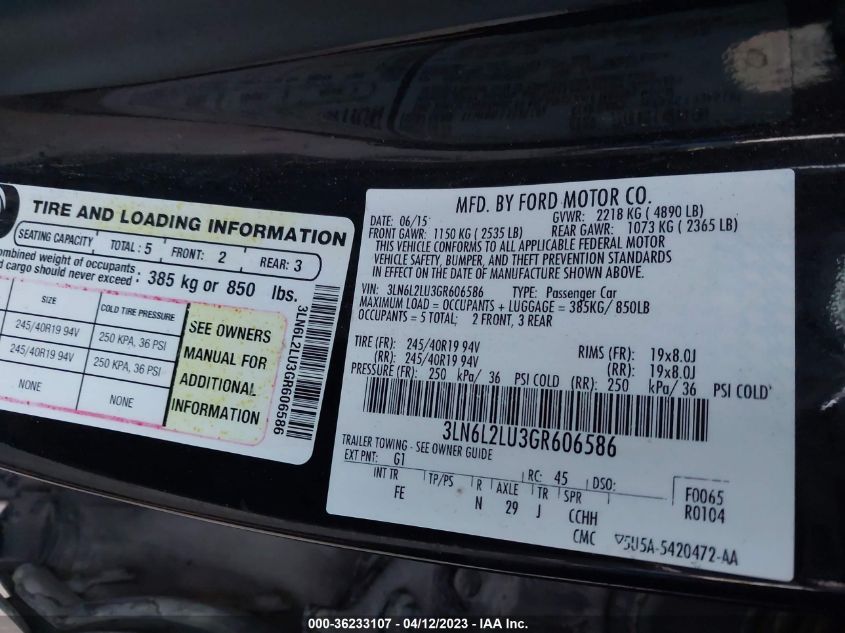 2016 LINCOLN MKZ HYBRID - 3LN6L2LU3GR606586