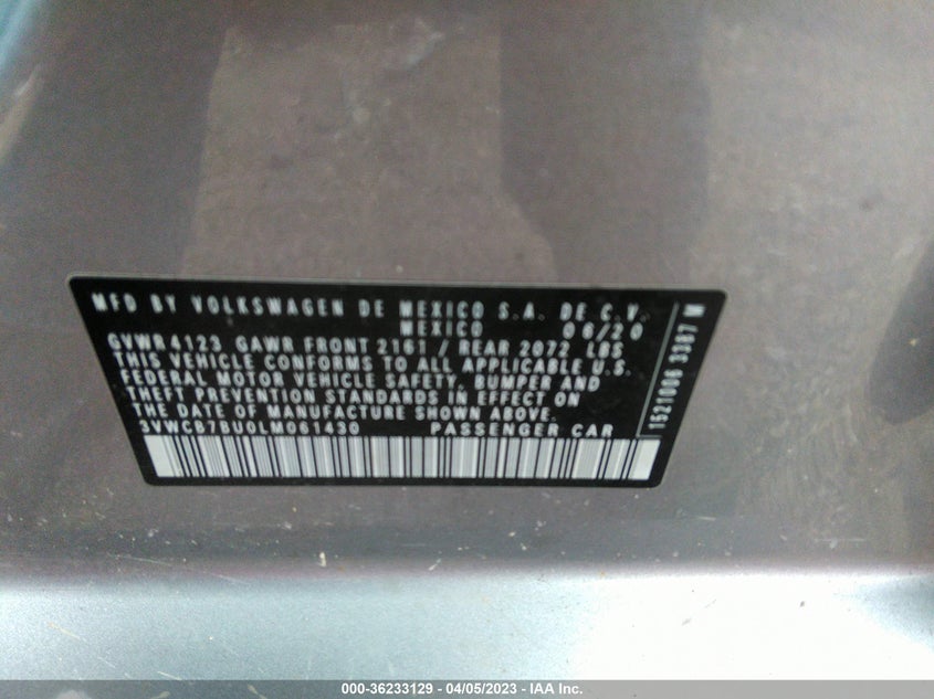 VIN 3VWCB7BU0LM061430 2020 VOLKSWAGEN JETTA S/SE/R-LINE